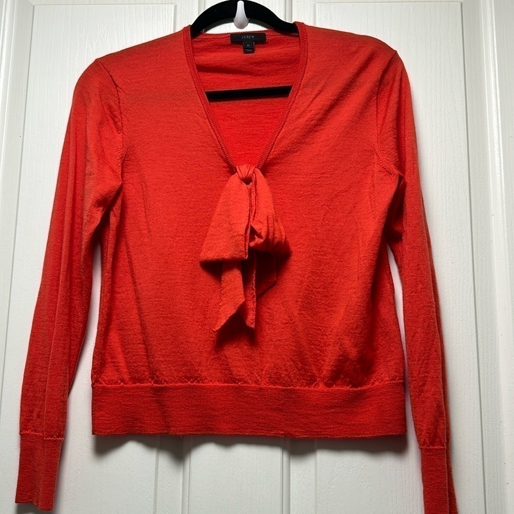 J Crew 💯 Merino Wool V neck with Tie Sweater Burnt Orange Sz Med